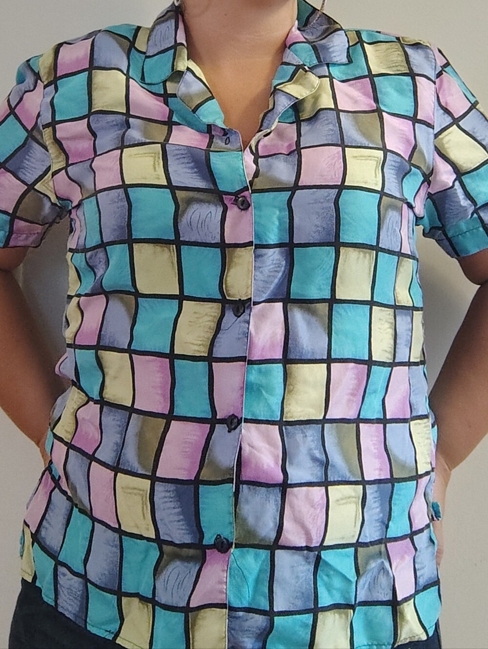 Women's Vintage Real Silk Color Block 80s 90s Button Down Top